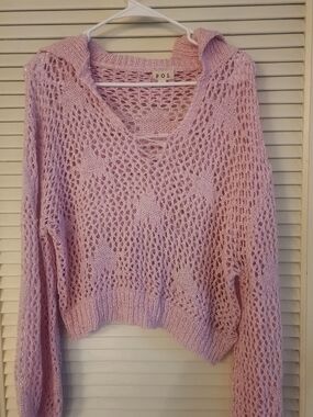 POL Boho Pink Open Knit Lace-Up Sweater Coastal Festival Size L